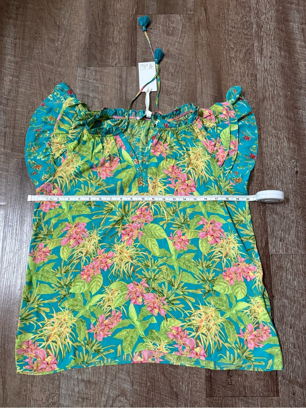 Rose & Olive Aqua Tropical Floral Tassel V-Neck Blouse - Picture 14 of 14